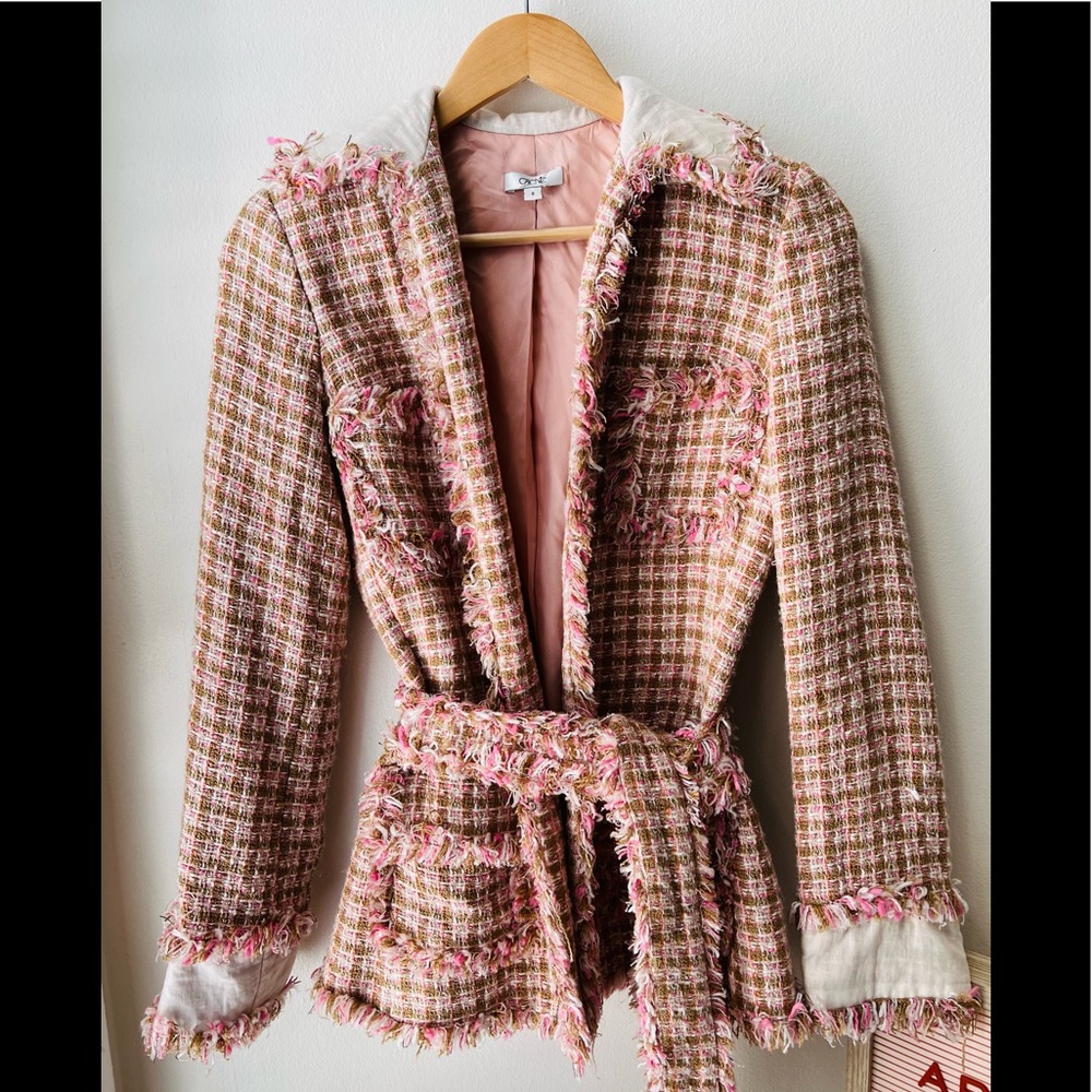 Cache Tweed Pink & Brown Fringe Plaid Belted Pockets Jacket Size XSmall